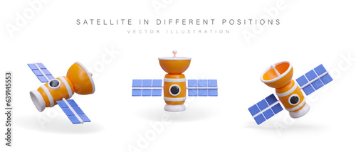 Realistic satellite with solar panels. Antenna for long distance data transmission. Set of objects in different positions. Space technologies. Observation and collection of information