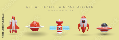 Set of 3D space objects in cartoon style. Shuttle, red planet, satellite with solar panels, rocket, flying saucer. Space vehicles. Isolated cute vector illustration