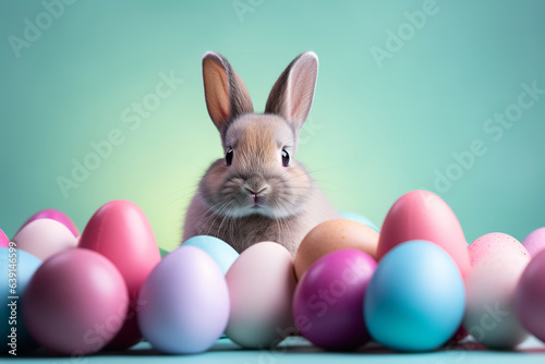 cool bunny, multicolor eggs around, happy easter day