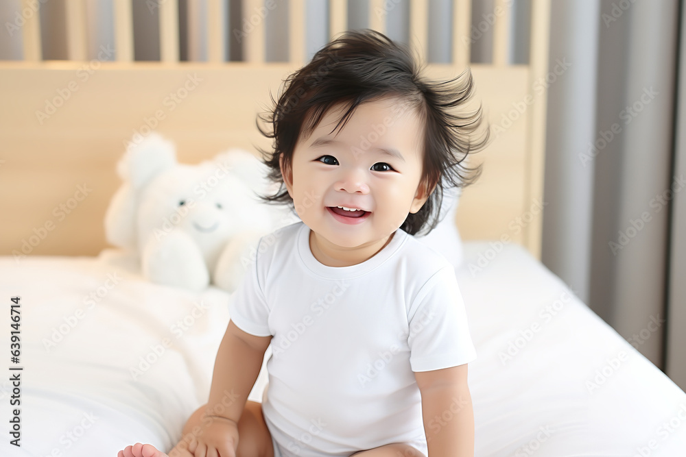 smiling Asian baby curly hair wearing blank short sleeve onesie while in crib