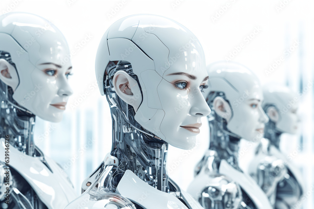 technology, artificial future futural business banner panorama - closeup of many robotic people technology, artificial future futural business banner panorama - closeup of many robotic people