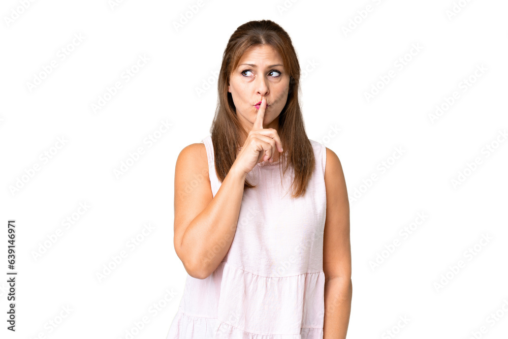 Middle age woman over isolated background showing a sign of silence gesture putting finger in mouth Middle age woman over isolated background showing a sign of silence gesture putting finger in mouth
