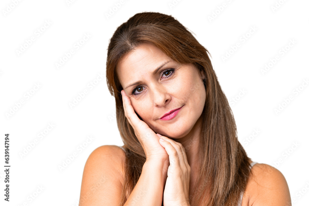 Middle age woman over isolated background . Portrait Middle age woman over isolated background . Portrait