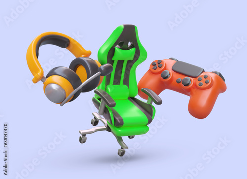 Gamer accessories. Ergonomic chair, headphones with microphone, gamepad. Entertainment and comfort. Floating colored vector objects. Poster with 3D illustration