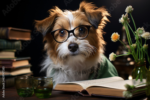 Cute dog with books and glasses on wooden table in library photo