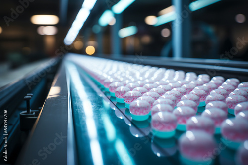 Pills on conveyor in pharmaceutical factory