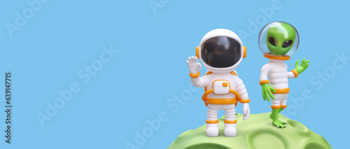 Astronaut and alien in spacesuits are standing on asteroid. Contact with green humanoid. Characters wave friendly. Going into outer space. Horizontal poster on blue background