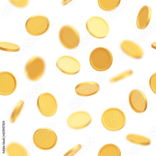 Gold blank coins floating and rotating seamless pattern, 3D money. Finance and investment symbols, game assets, payment sign, gold treasure prize vector illustration isolated on white background