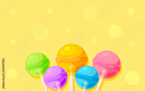 Candy sweet lollipop sugar caramel colorful flat. Banner festive bright yellow background sun glare summer fresh design gift raffle greeting card birthday party opening store flyer poster ad template