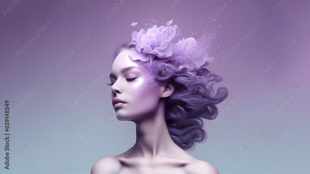 monohrome minimalist portrait of a beautiful woman with purple flowers