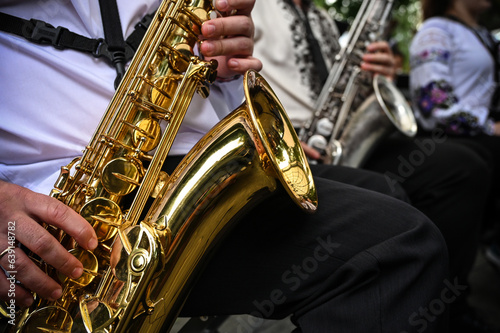 Wind instruments orchestra in the foreground saxophone
