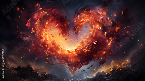 Broken heart with fire and smoke on dark background, ai generated