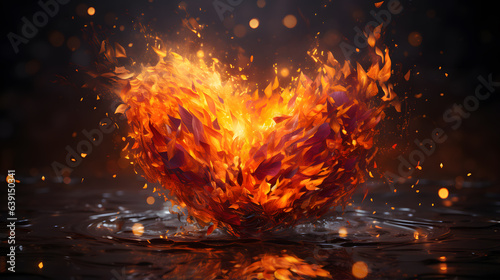 Broken heart with fire and smoke on dark background, ai generated © Jharna