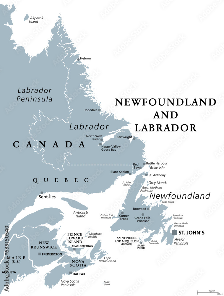 Newfoundland and Labrador, gray political map. Province of Canada, in the Atlantic region. With capital St. Johns, Newfoundland island and continental region of Labrador between Quebec and Atlantic.