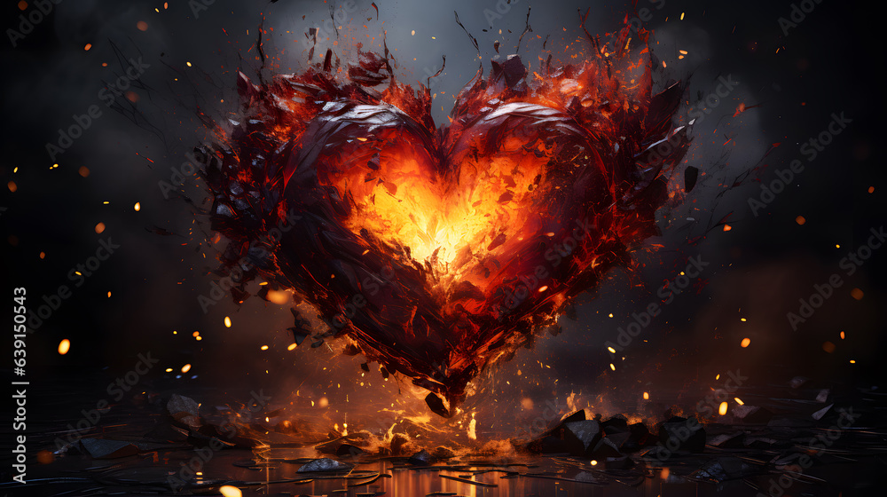 Burning heart on a dark background. 3d illustration. Copy space. Burning heart on a dark background. 3d illustration. Copy space.