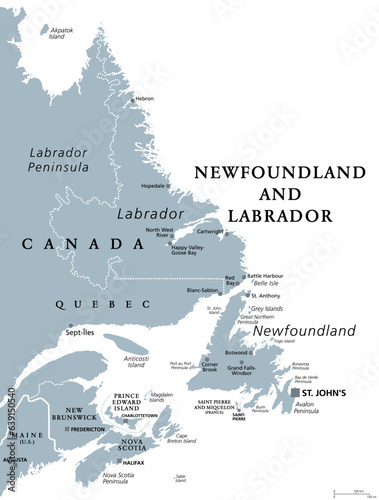 Newfoundland and Labrador  gray political map. Province of Canada  in the Atlantic region. With capital St. Johns  Newfoundland island and continental region of Labrador between Quebec and Atlantic.