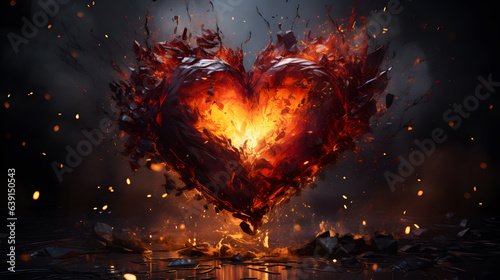 Burning heart on a dark background. 3d illustration. Copy space.