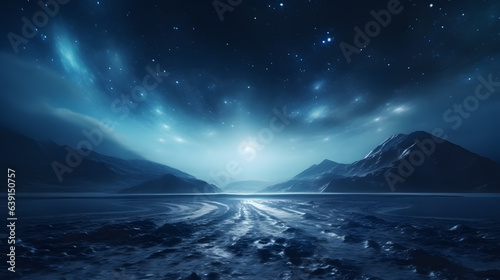 Fantasy winter landscape with frozen lake, mountains and starry sky
