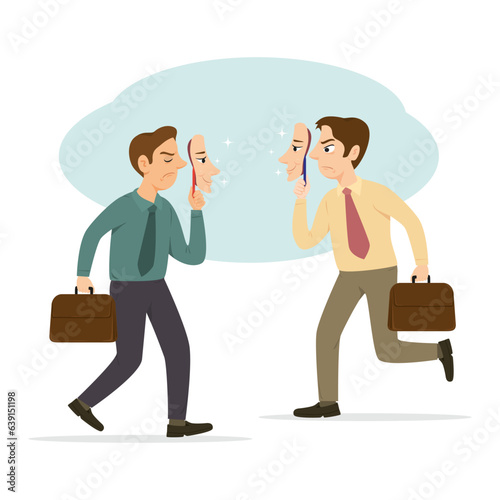 Two businessmen talking with each other using mask, Concept of insincere, illustration vector cartoon flat
 
