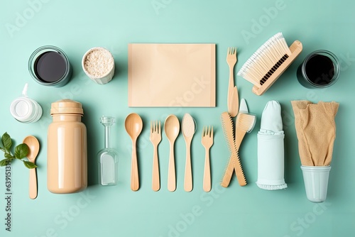 Set of eco-friendly tableware and cleaning products on pastel blue background, flat lay stop plastic pollution, Generative AI