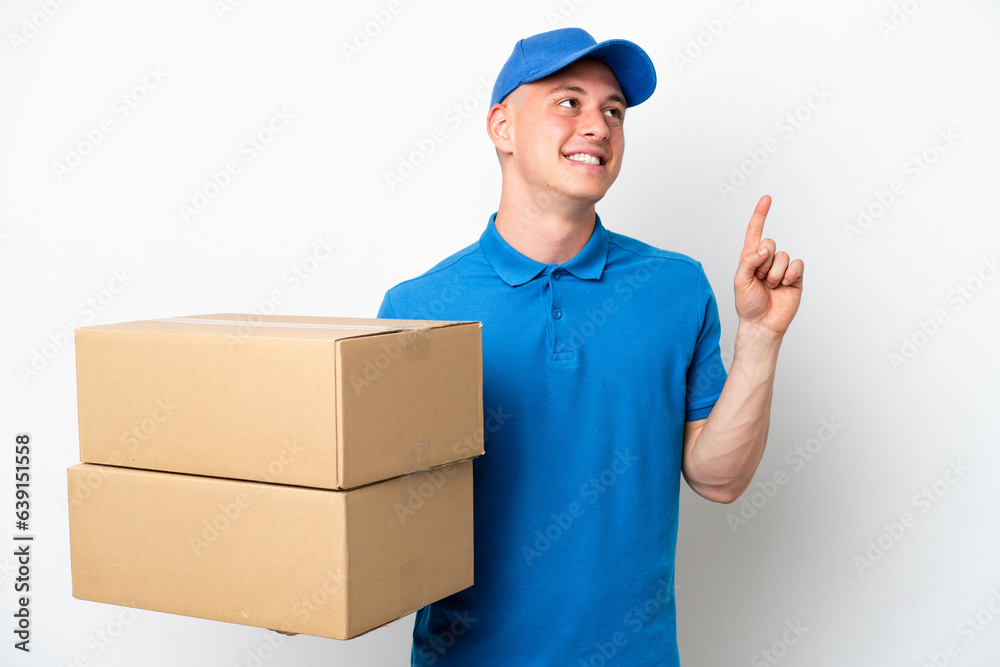 Young delivery Brazilian man isolated ops white background pointing up a great idea Young delivery Brazilian man isolated ops white background pointing up a great idea