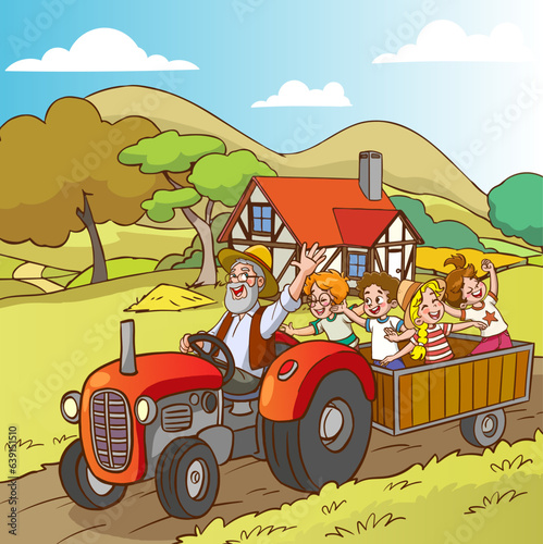 vector illustration of village landscape and grandpa grandsons.farmer family riding tractor