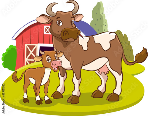 vector illustration of farm animals mother cow and baby cow