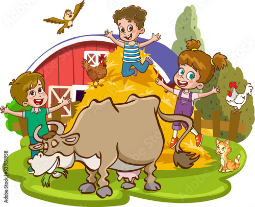 vector illustration of farm animals and kids