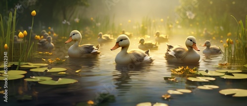 Beautiful ducklings swimming in a pond with calm murky water and reflections, surrounded by blooming yellow water lily spring flowers - generative AI