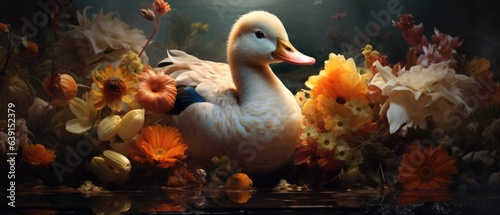 Beautiful duck swimming in a pond with calm murky water and reflections, surrounded by blooming orange water lily spring flowers - generative AI