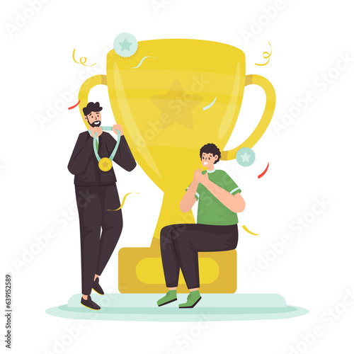 Success team winning trophies getting gold medal illustration