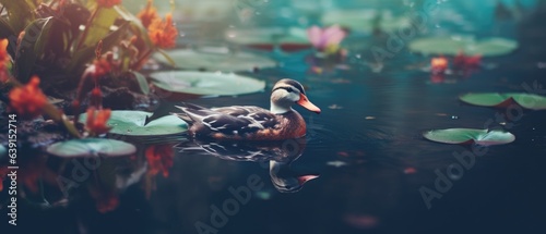 Foto Beautiful solitary duck in a lake murky blue water lake with large green water l