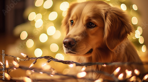 golden retriever surrounded by fairy lights