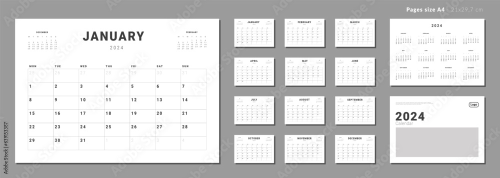 Set of Monthly pages Calendar Planner Templates 2024 for wall or desk ...