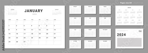 Set of Monthly pages Calendar Planner Templates 2024 for wall or desk with Cover and place for Photo, Company Logo. Vector layout of simple calendar with week start Monday for print. Pages for size A4