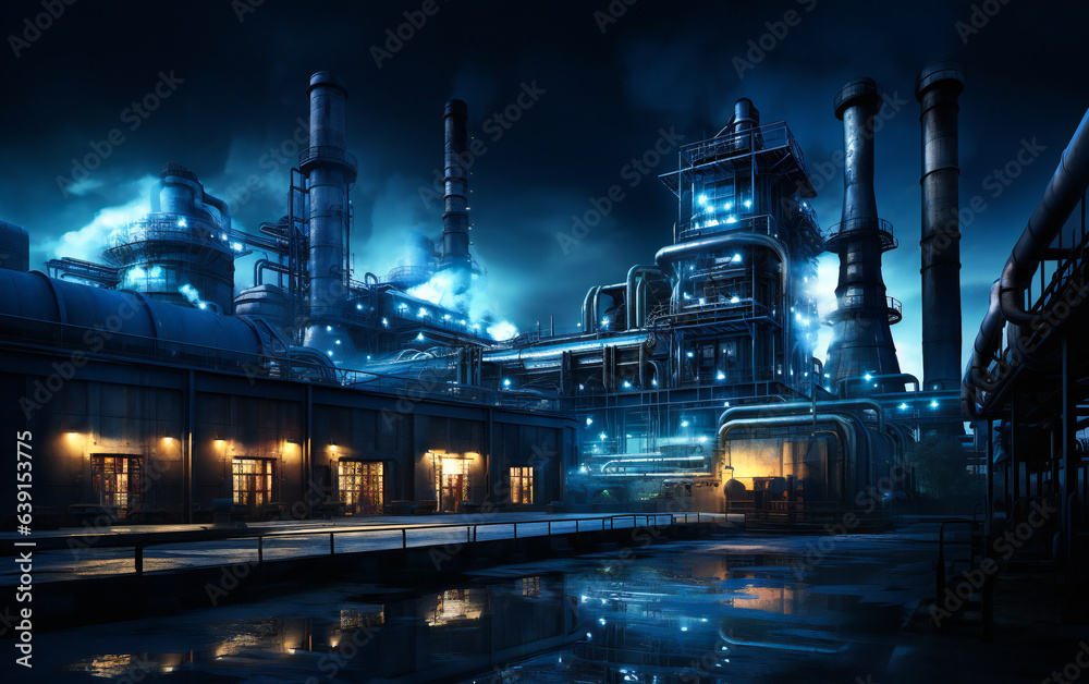 A chemical plant or an oil refinery in the night, with lights, pipes and installations