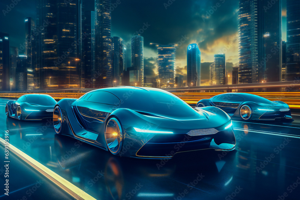 Futuristic self driving automated cars in a future urban setting Futuristic self driving automated cars in a future urban setting