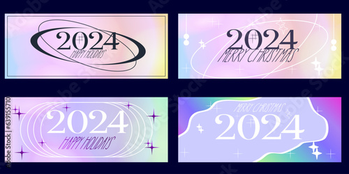 Y2k Christmas aesthetic template set. 2024 New Year gradient background trendy style. Y2k bling element minimalist design. Aesthetic vector illustration