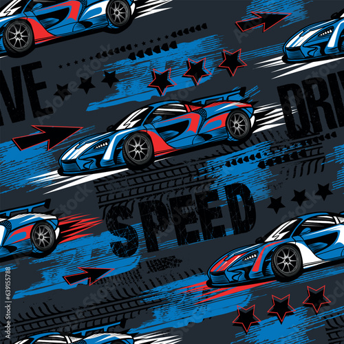 Abstract seamless pattern with sport cars .Bright background with grunge elements for textiles, children's clothes, prints. Pattern for boys