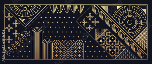 Luxury geometric rose gold line art and art deco background vector. Abstract geometric frame and elegant gothic art flower. Illustration design for invitation, banner, vip, interior, decoration.