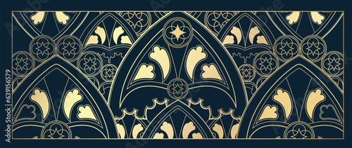 Luxury geometric gold line art and art deco background vector. Abstract geometric frame and elegant gothic sparkle, flower. Illustration design for invitation, banner, vip, interior, decoration.