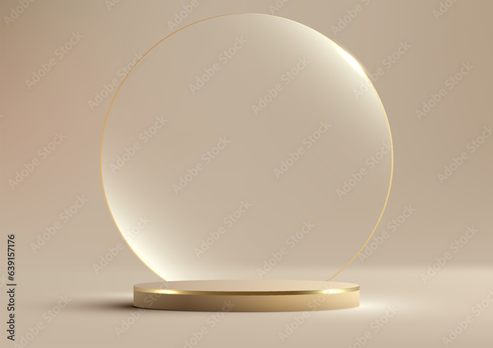 3D realistic luxury style golden podium platform with transparent glass circle backdrop on beige background 3D realistic luxury style golden podium platform with transparent glass circle backdrop on beige background