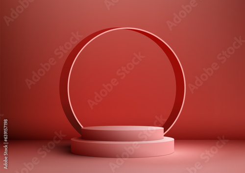 3D red podium steps stand with circle backdrop is a minimalist vector illustration
