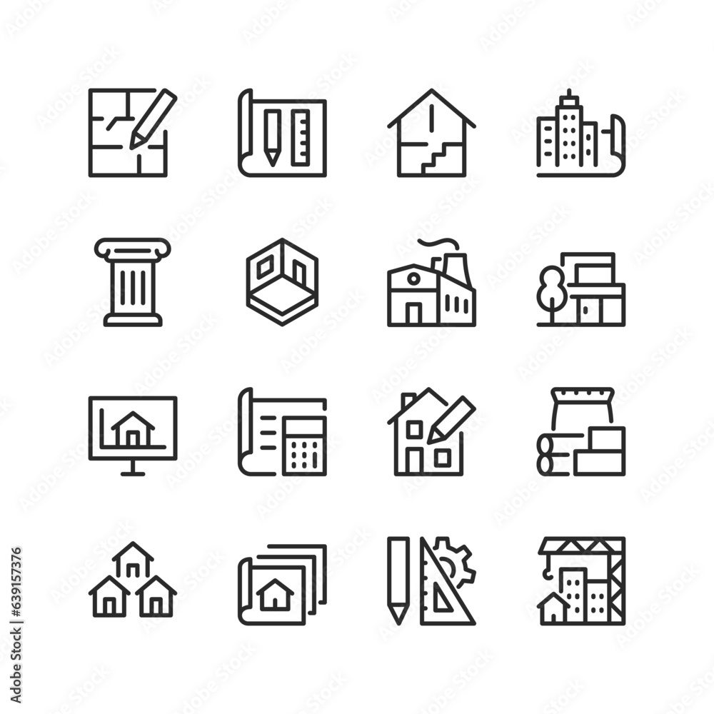 Architecture, linear style icons set. Architectural project, documentation. Drawing, plan. Project development of a house, a multi-storey building, an industrial building. Editable stroke width