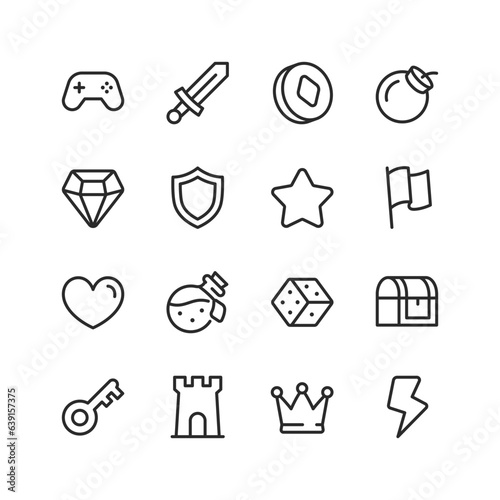 Games, linear style icons set. Game elements for game design, coin, sword, shield, potion, bomb, castle, crown, etc. Magical world, adventure. Magic, weapons, treasures. Editable stroke width