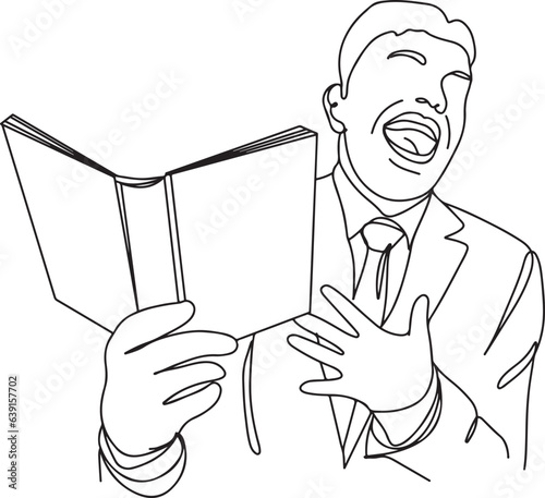 One-Line Cartoon of a Smiling Businessman with a Joke Book, Laughter Lines: One-Line Cartoon Clip Art of a Businessman Reading a Funny Book, Smiles and Stories, Comic Relief