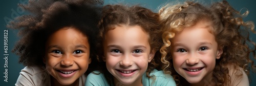 Happy kids group on blue background. Generative AI