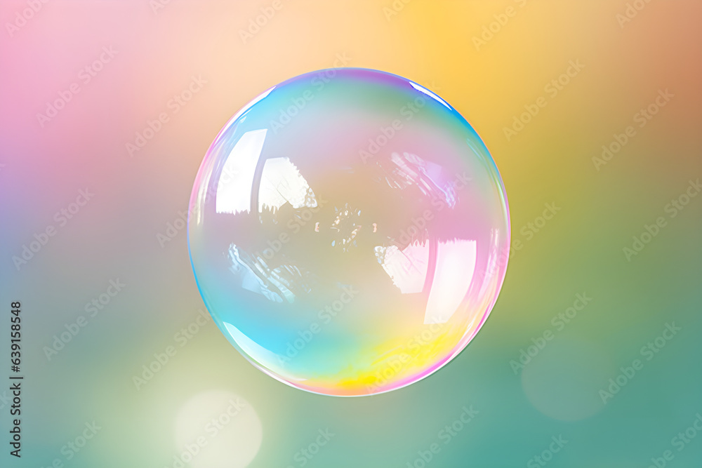 Iridescent soap bubble on multicolored background