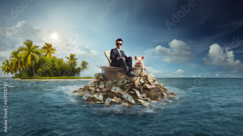 Tax avoidance: A businessman hoarding money. Sitting on a pile of money. Offshore Tax haven. Corporate greed, corporate excess, tax evasion. photo