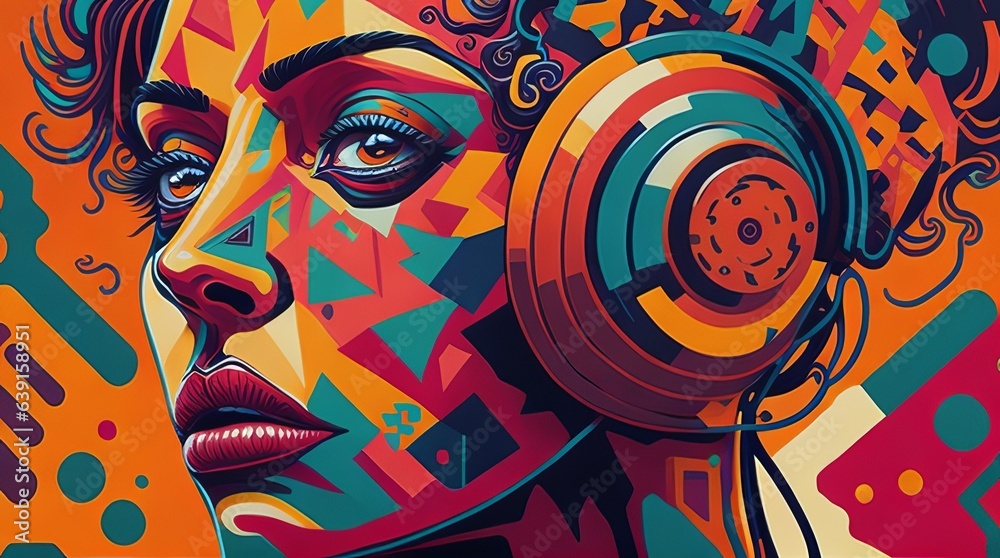 abstract painting of a person wearing face headphones, with a kaleidoscope of colors and shapes